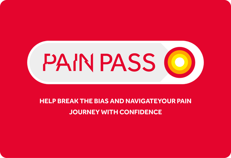 Red background with a white button labeled 'Pain Pass' and a target symbol. Text says 'Help break the bias and navigate your pain journey with confidence.'