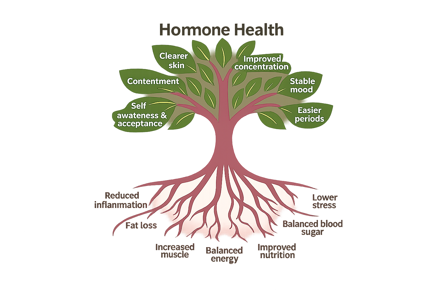 Diagram of a tree showing benefits of hormone health, including clearer skin, improved concentration, contentment, stable mood, easier periods, self-awareness, and acceptance, with roots indicating reduced inflammation, fat loss, increased muscle, balanced energy, improved nutrition, lower stress, and balanced blood sugar.