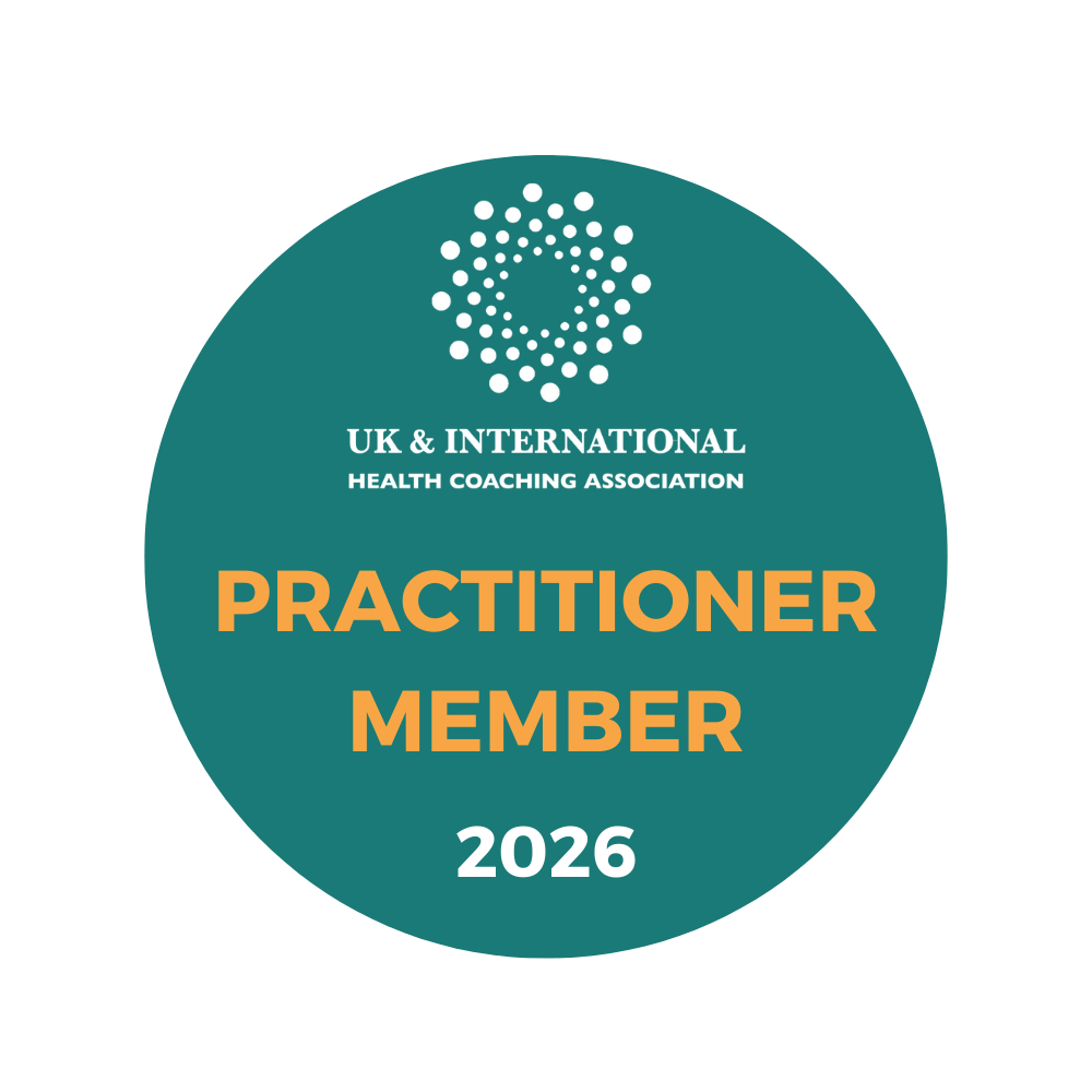 Badge with green background and white and orange text that reads, 'UK & International Health Coaching Association Practitioner Member 2026' with a circular logo at the top.