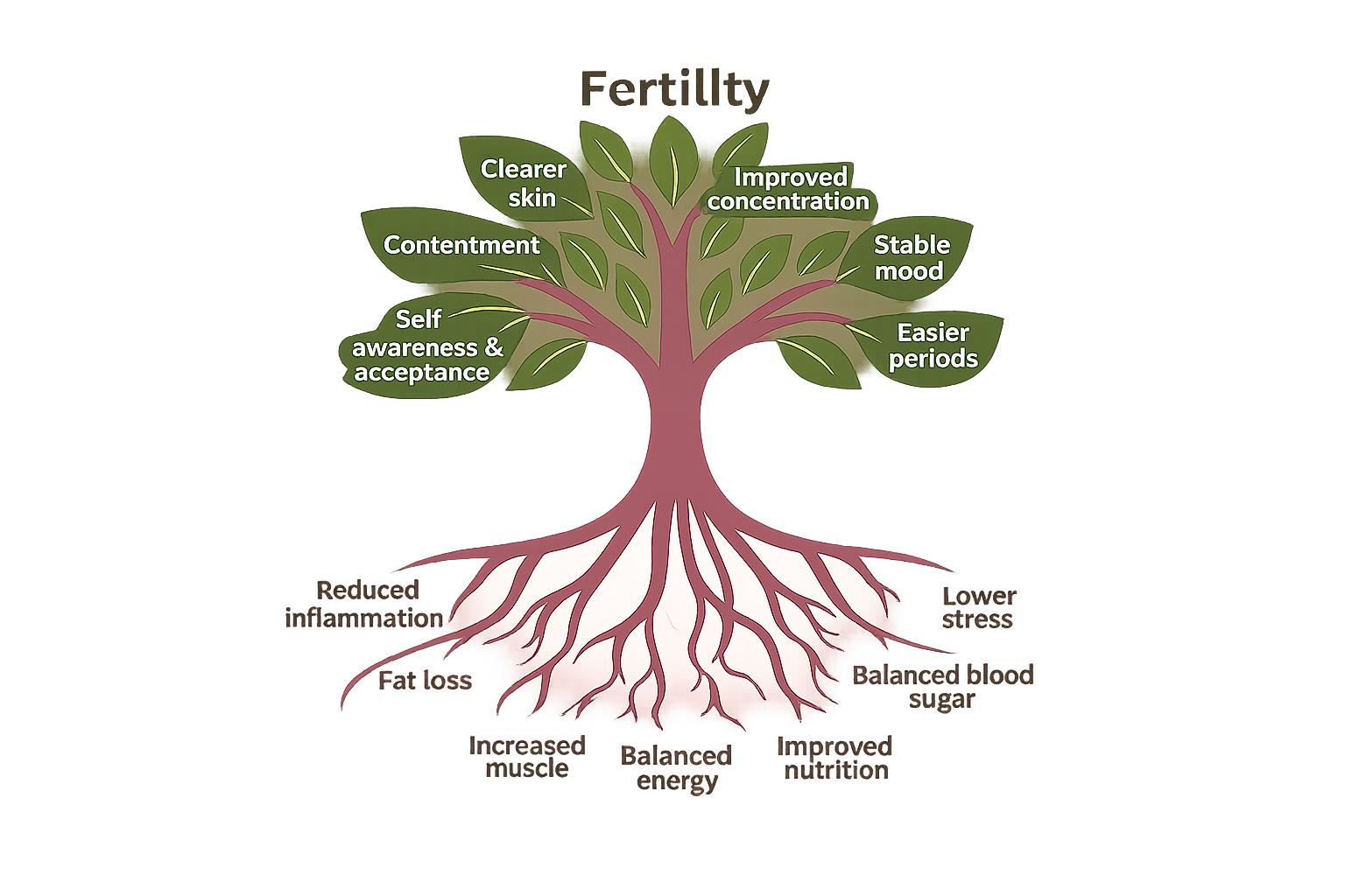 A tree with roots representing the markets of health  - reduced inflammation fat loss icreased muscles blanaced energy improved nutrition balanced blood sugar lower stress and the leaves representing the outcomes as self awareness and acceptance