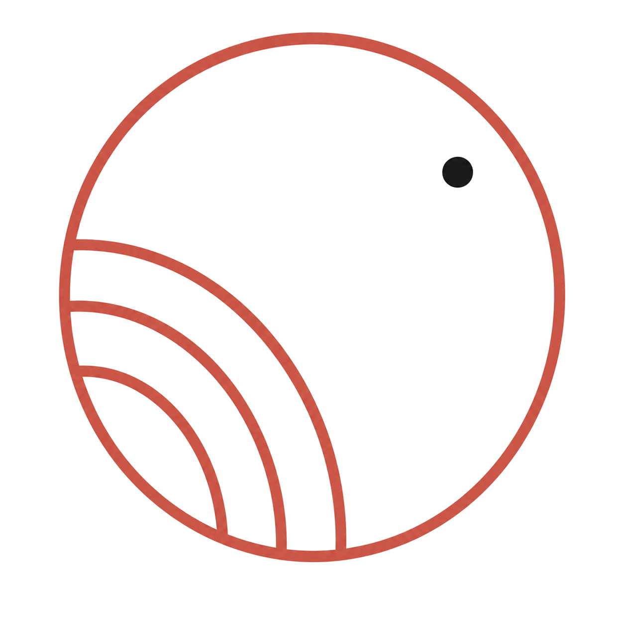 A minimalist line drawing of a fish with curved lines inside representing fins, and a small black dot for the eye.