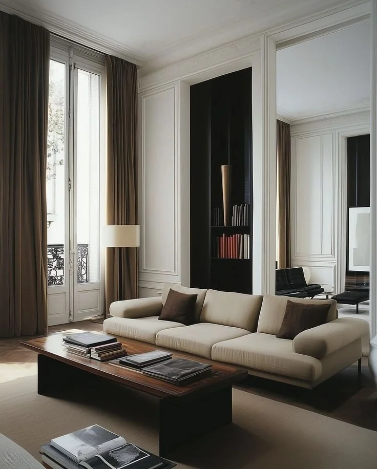 Salon élégant avec un canapé beige, une table en bois avec des magazines, de longues rideaux bruns, une grande fenêtre, un mur noir avec une étagère contenant des livres, et un miroir refletant une partie de la pièce.