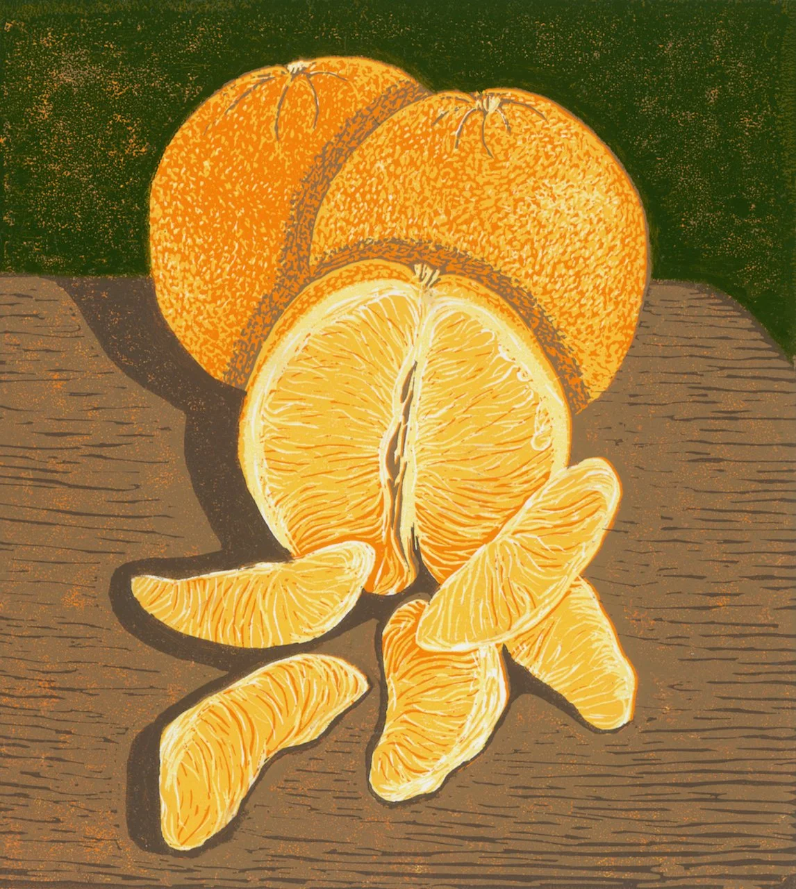 Super Juicy Oranges on Table - Edition of 16. Reduction linoprint with varied colours within the edition. 5 hand-printed layers. Inspired by some delicious large oranges bought for still life drawing then consumed and enjoyed. 
Print size 19.5cm x 2.