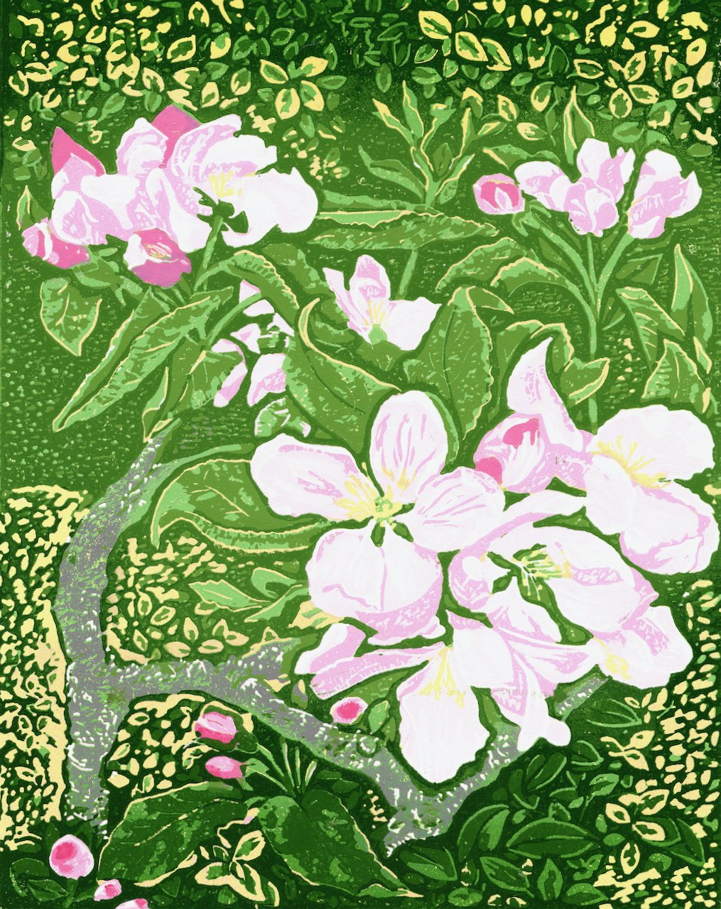 Apple Blossom & Euonymus - Edition of 20. Reduction linoprint with varied colours within the edition. 7 hand-printed layers. Created from a sketch from Jo”s apple tree in her garden when the blossom was at its best and the bright, cheerful euonymus s