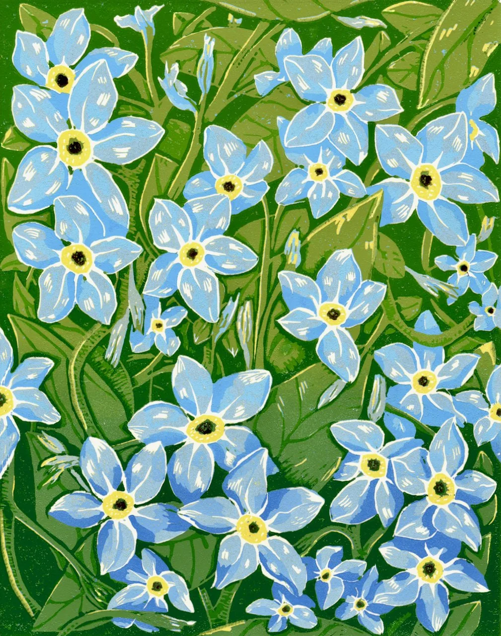Forget-Me-Not Abundance - Edition of 20. Reduction linoprint with varied colours within the edition. 7 hand-printed layers. Inspired by a verdant bank of these dainty flowers seen spread along Love Lane in the South Downs on a late sunny Spring after