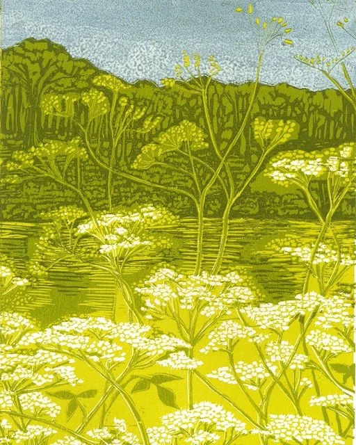 Cow Parsley Bright - Edition of 3. Reduction linoprint with varied colours within the edition. 4 hand-printed layers. 
Part of the Cow Parsley on the South Downs series featuring this view across the Water Meadows near St.Catherine’s Hill. 
Print siz