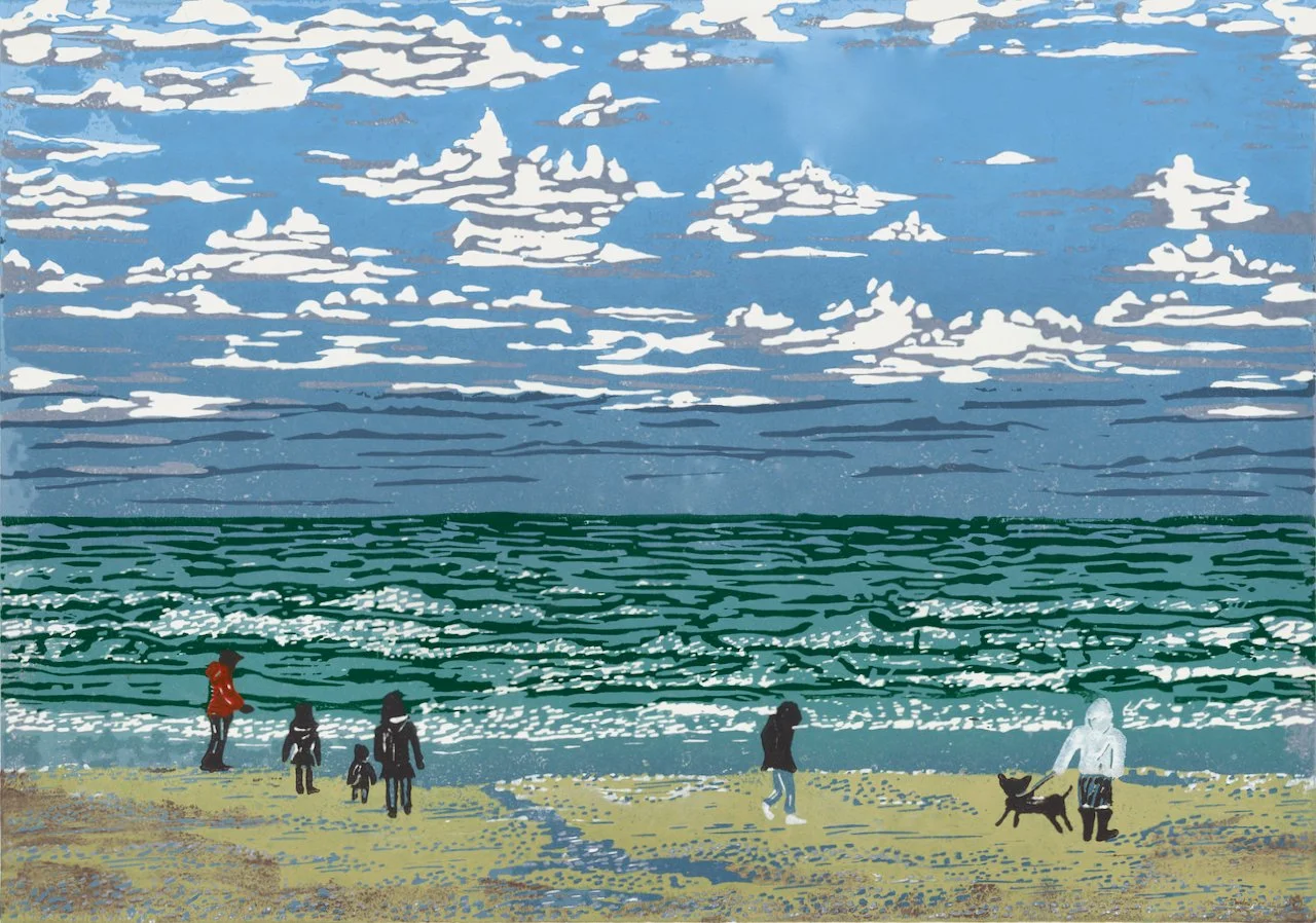 Breezy Bude - Edition of 16. Reduction linoprint with varied colours within the edition. 4 hand-printed layers. A scene observed during a windy October walk along Bude beach on the North Cornwall coast with a close friend. 
Print size 30cm x 21cm Mou