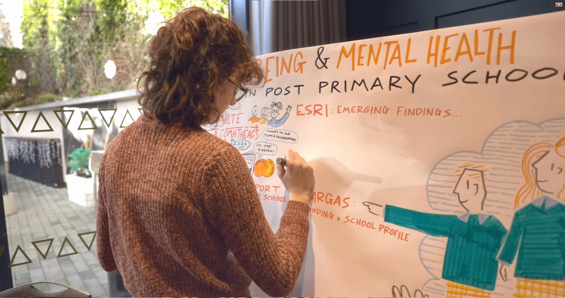 Woman with curly brown hair writing on a large whiteboard with colorful text and illustrations during a presentation at an outdoor event.