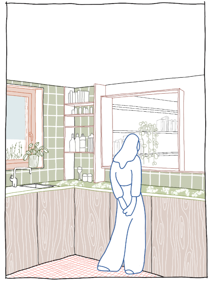 Croquis à la main, intérieur de l'espace de dégustation de la brasserie avec des tables, chaises et décorations de guirlandes de lumières colorées, étagères avec plantes, et grande fenêtre et structure de hangar.