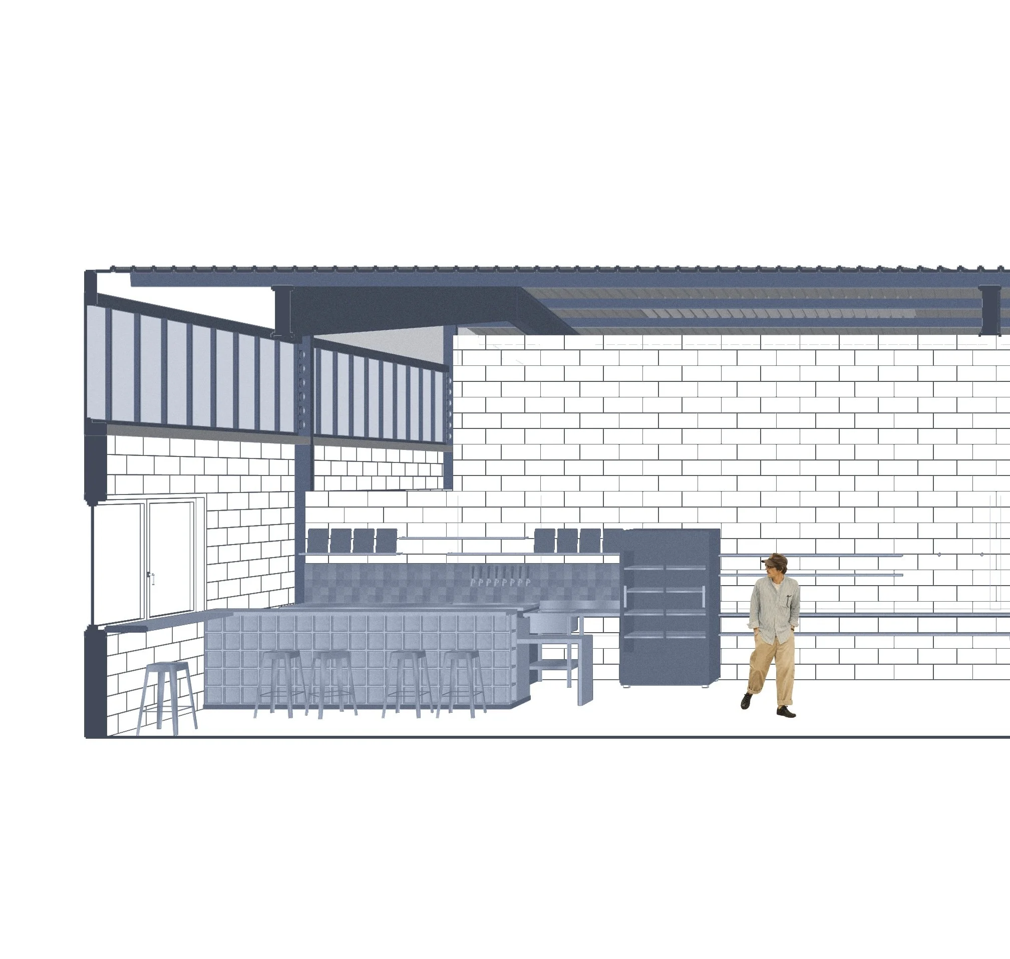 Coupe perspective dans un hangar, aménagement de l'espace de dégustation : un bar, des tabourets et une femme debout à côté. La partie supérieure montre une toiture en tôle.