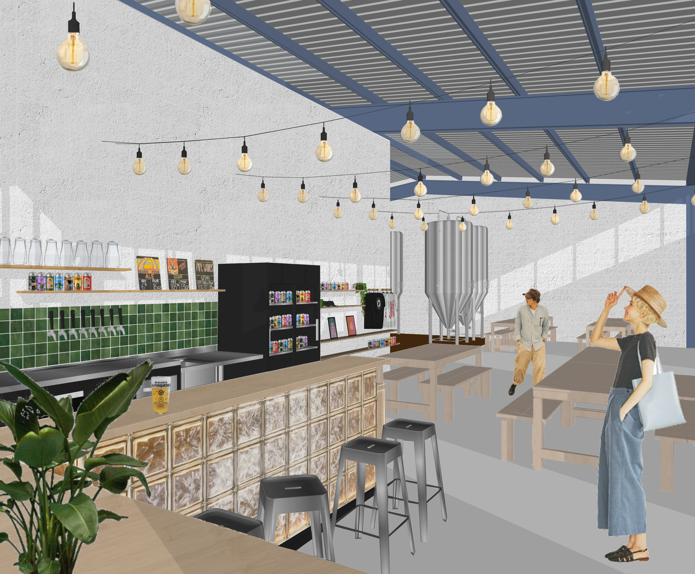 Intérieur de l'espace de dégustation de la brasserie avec des tables, chaises et décorations de guirlandes de lumières guinguett, étagères avec plantes, et grande fenêtre et structure de hangar, bar en brique de verre avec un plan de travail en bois.