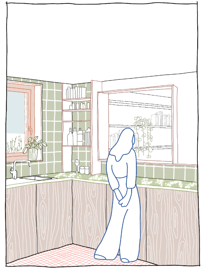 Croquis à la main, intérieur de l'espace de dégustation de la brasserie avec des tables, chaises et décorations de guirlandes de lumières colorées, étagères avec plantes, et grande fenêtre et structure de hangar.
