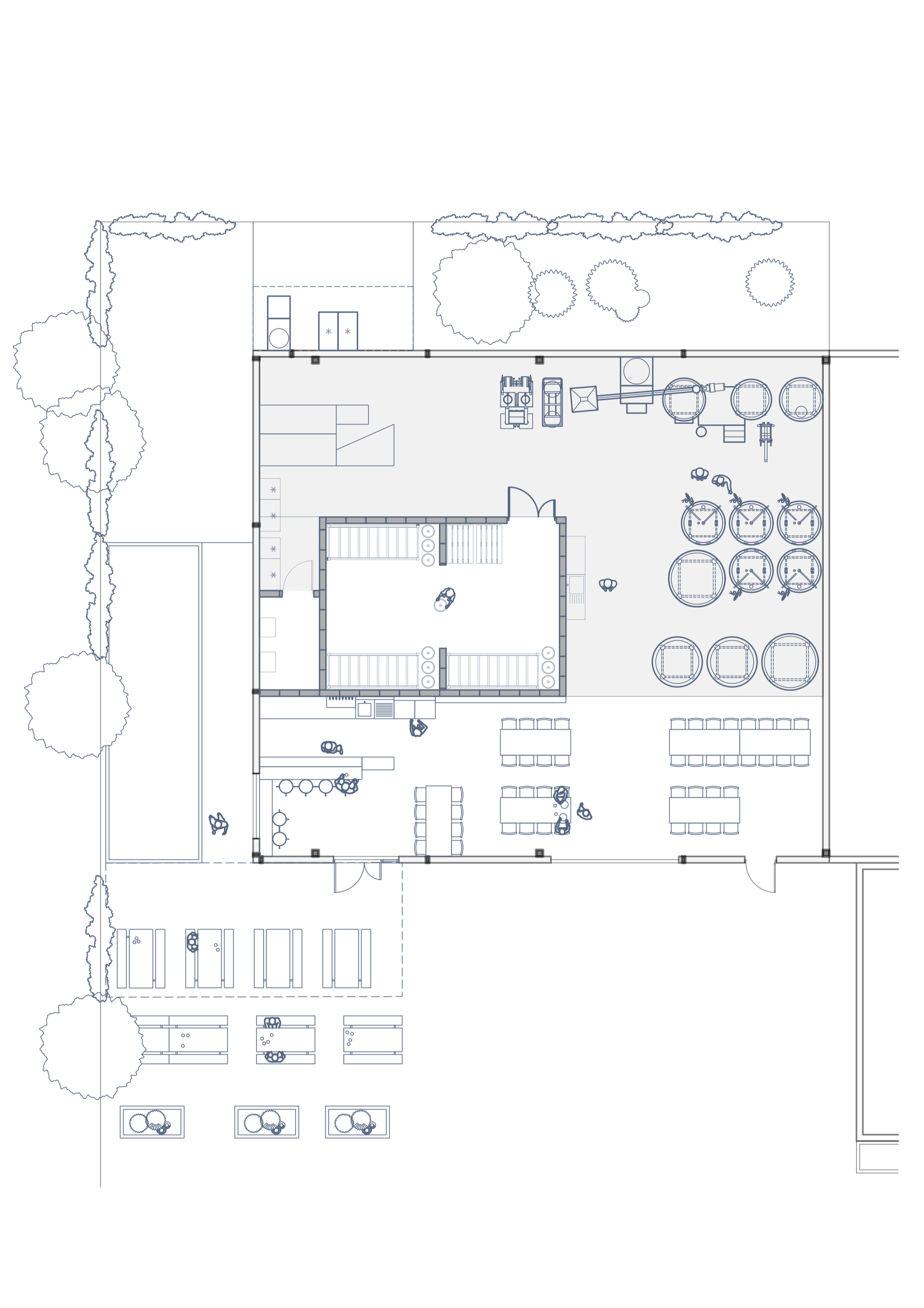 Plan architectural d'un bâtiment de brasserie avec une partie production et une partie accueil de public et dégustation, meubles, équipements et un espace extérieur avec des arbres et des espaces de stationnement.