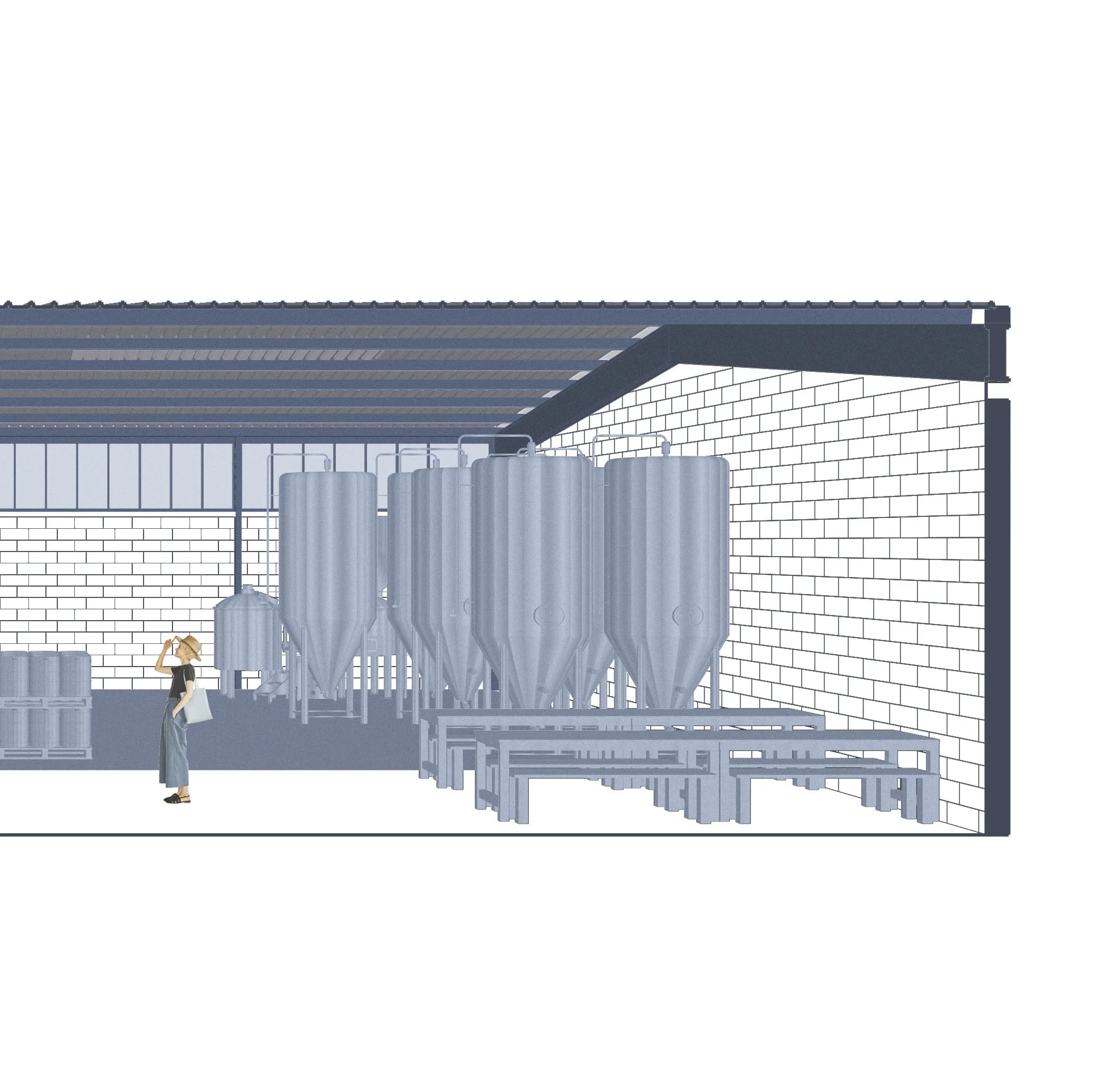 Vue partielle d'une structure industrielle ou d'un entrepôt avec des fermenteur de brasserie, une toiture en pente et un bâtiment en briques, une femme avec un chapeau et un sac regarde vers la structure.