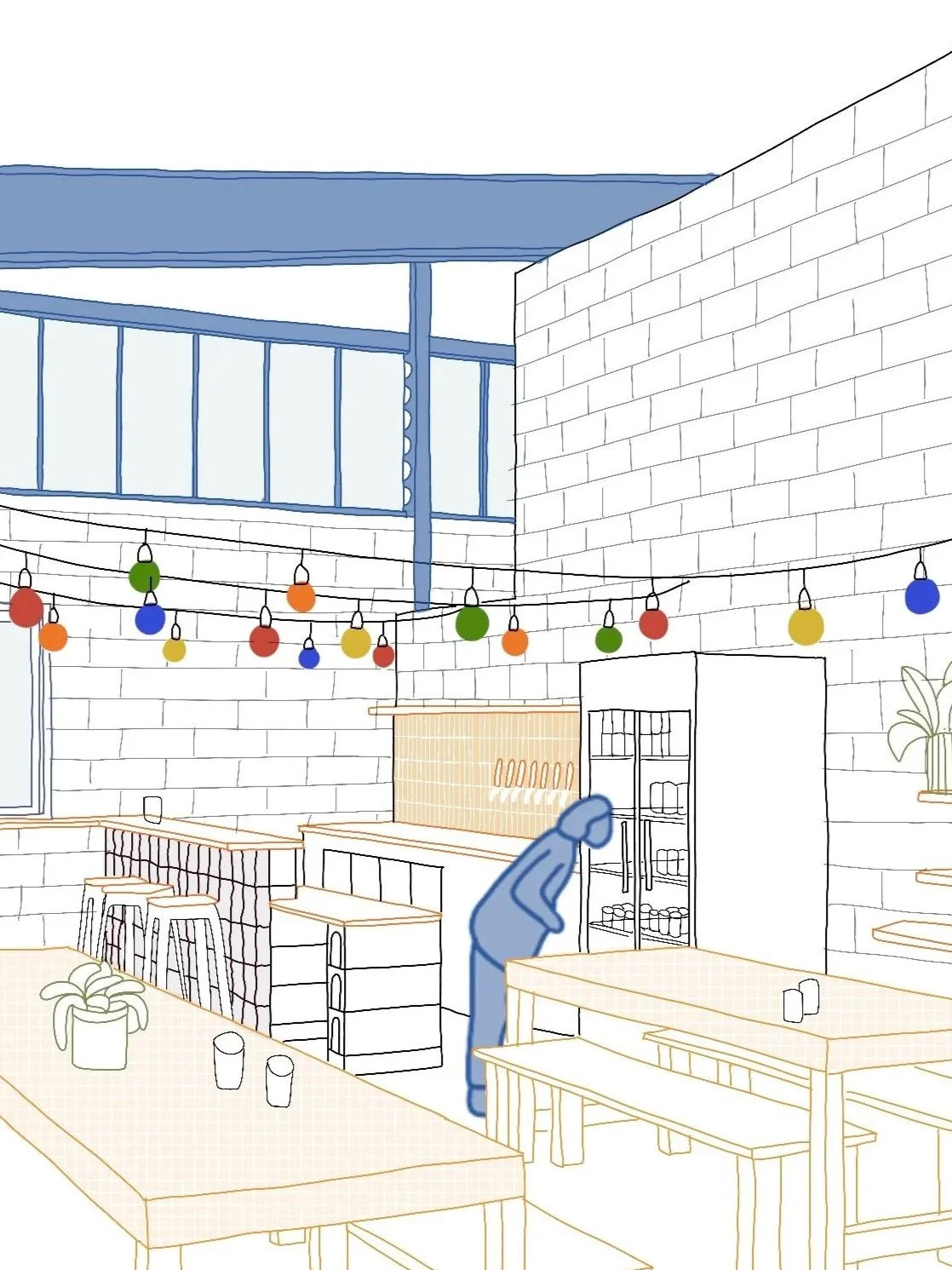 Croquis à la main, intérieur de l'espace de dégustation de la brasserie avec des tables, chaises et décorations de guirlandes de lumières colorées, étagères avec plantes, et grande fenêtre et structure de hangar.