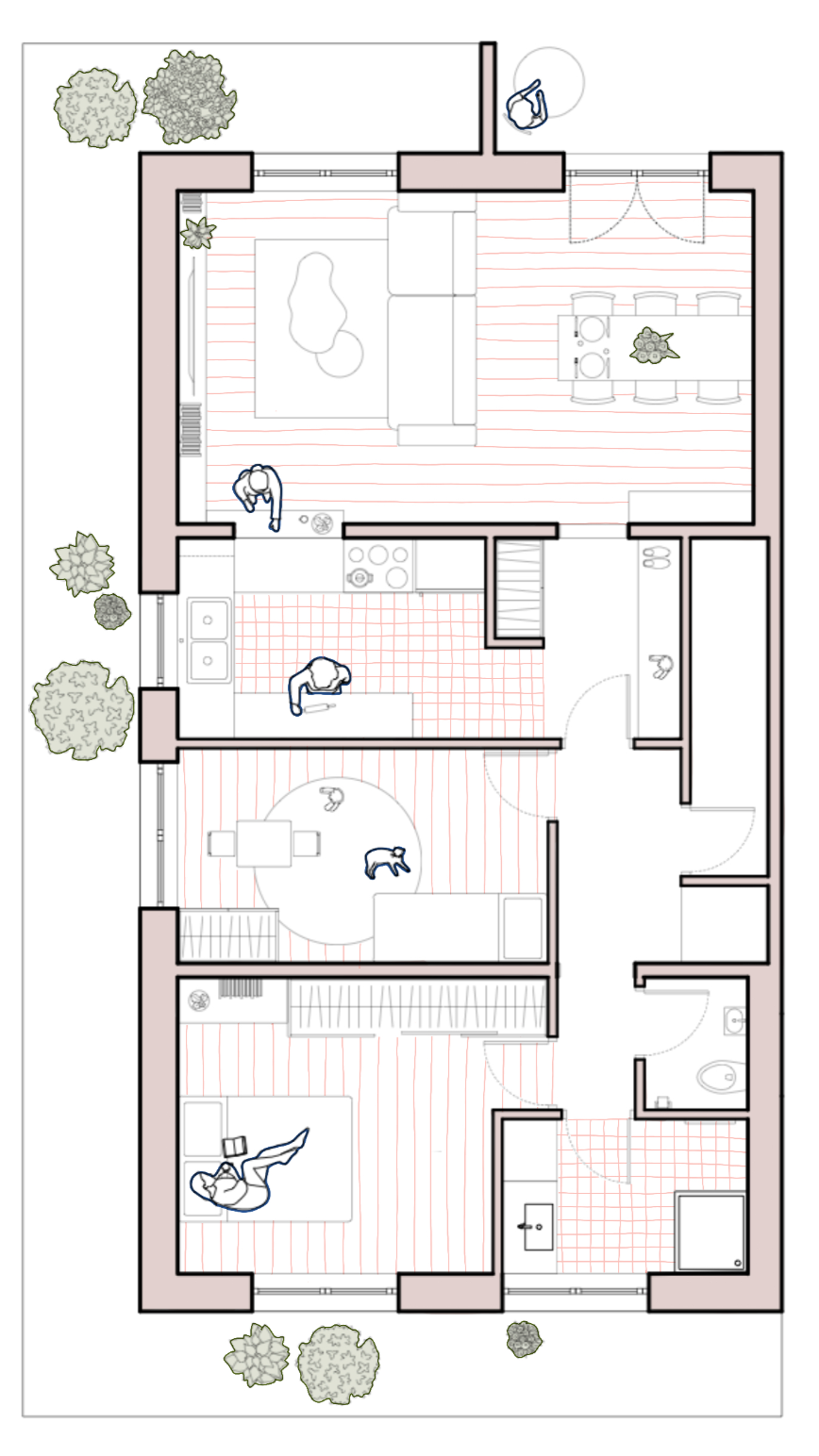 Plan d'un appartement avec plusieurs pièces, meubles et personnes. L'appartement comporte une cuisine, une salle à manger, un salon, une chambre principale, une chambre secondaire, une salle de bain, et des espaces extérieurs avec des arbres.