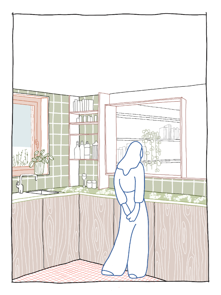 Croquis à la main, intérieur de l'espace de dégustation de la brasserie avec des tables, chaises et décorations de guirlandes de lumières colorées, étagères avec plantes, et grande fenêtre et structure de hangar.