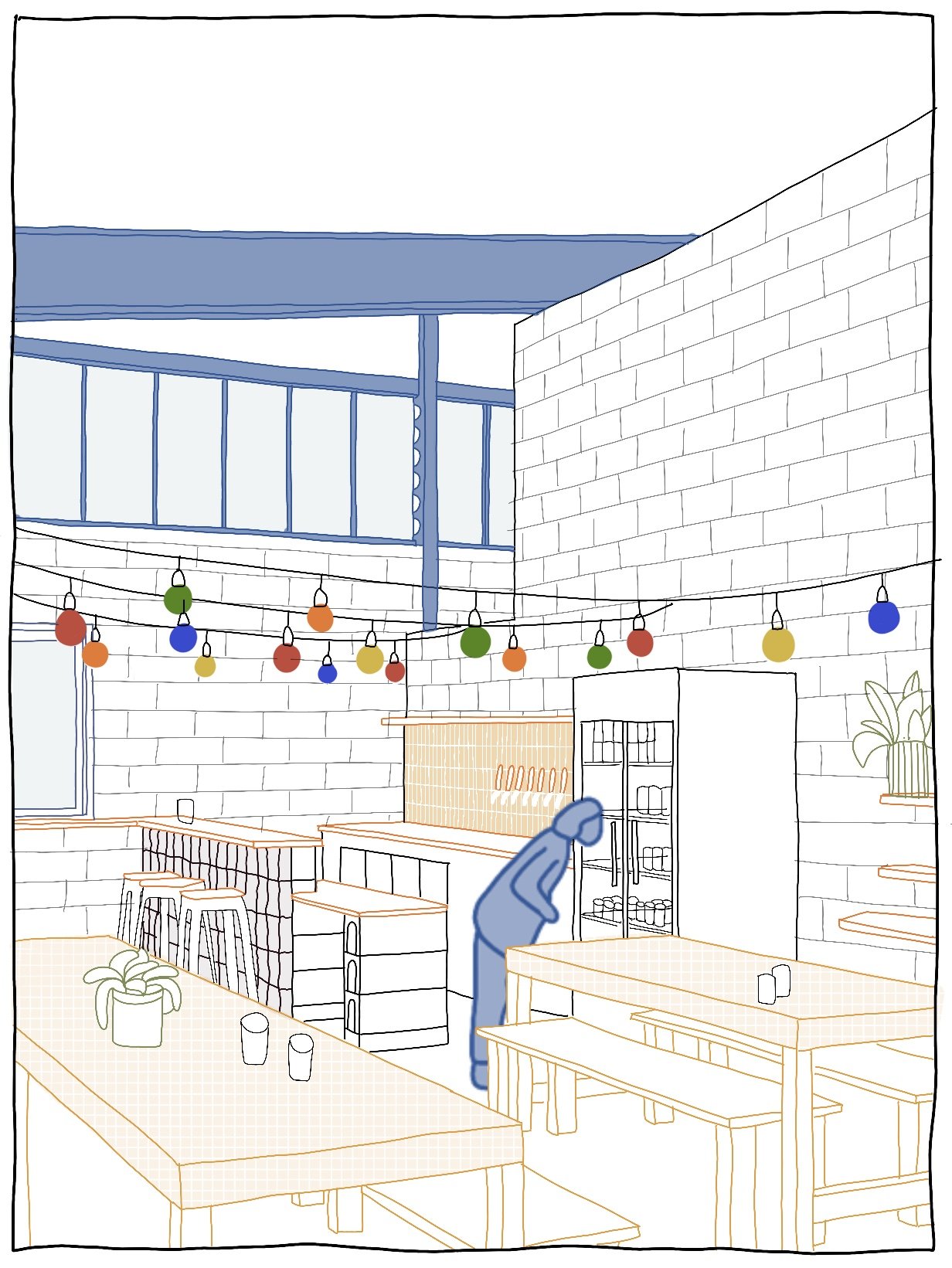 Croquis à la main, intérieur de l'espace de dégustation de la brasserie avec des tables, chaises et décorations de guirlandes de lumières colorées, étagères avec plantes, et grande fenêtre et structure de hangar.