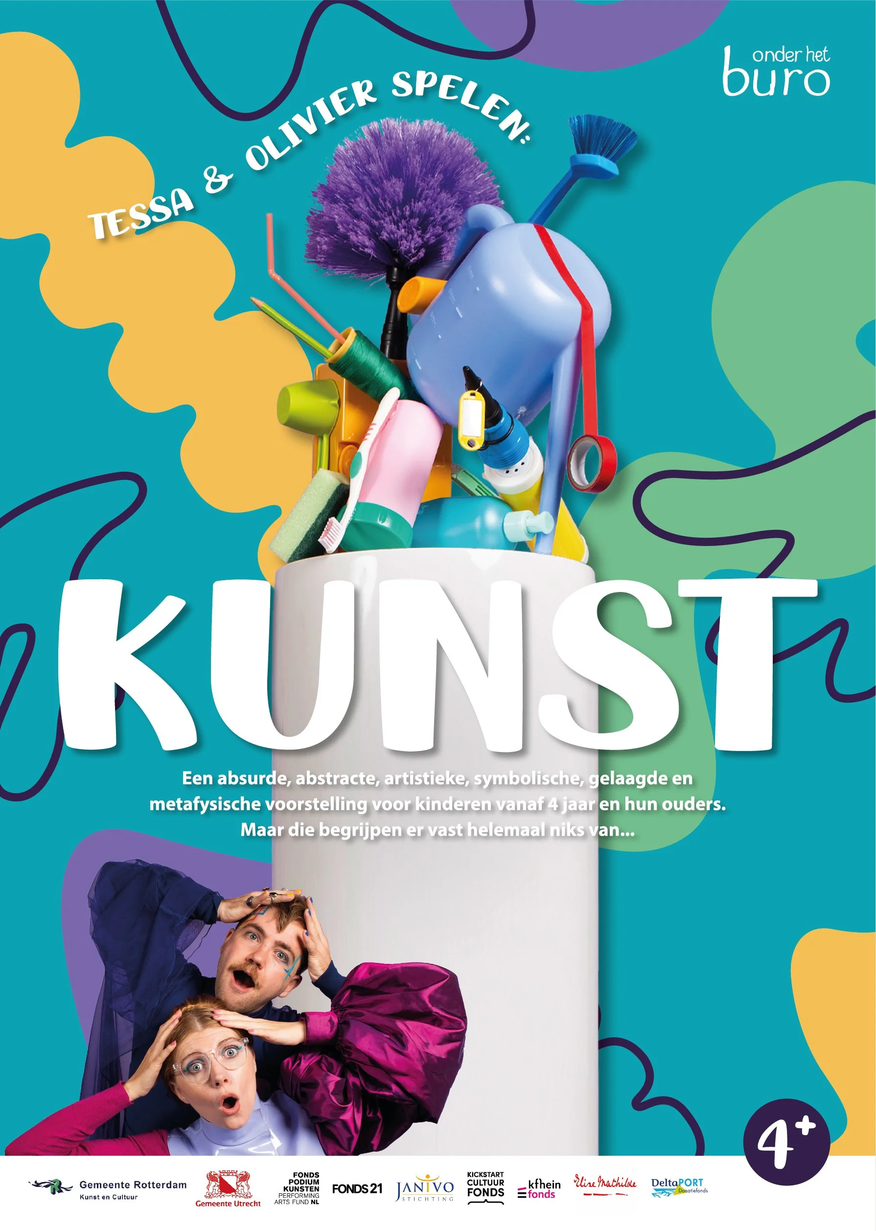 Voorpagina van een kinderboek met title 'KUNST'. Met een opvallende afbeelding van zes mensen die zich verbaasd of verbaasd uitdrukken, gekleed in kleurrijke kleding, en omringd door een achtergrond met abstracte, kleurrijke vormen. Text op de pagina beschrijft het boek als een absurde, abstracte, artistieke, symbolische, laagdrempelige en metafysische voorstelling voor kinderen vanaf 4 jaar en hun ouders.