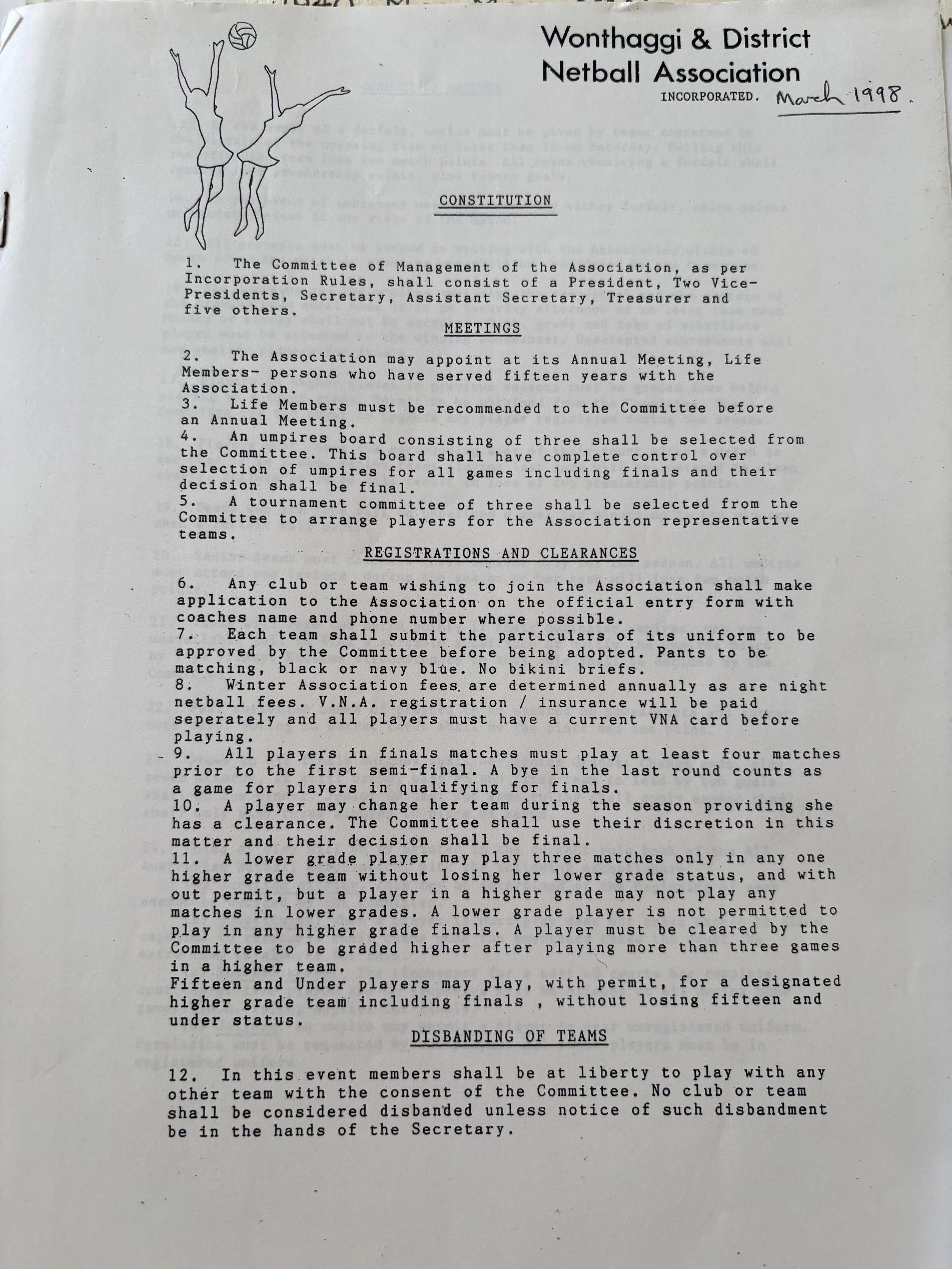 A typed document titled "Wonthaggi & District Netball Association" with handwritten date "March 1998." The document contains rules and regulations for the netball association, including sections on "Constitution," "Meetings," "Registrations and Clearances," and "Disbanding of Teams." An illustration of two netball players jumping with a ball is at the top left corner.
