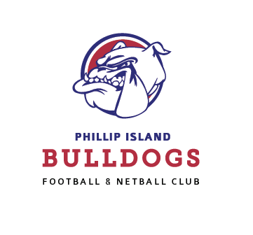 Logo of Phillip Island Bulldogs football and netball club, featuring a bulldog mascot with a fierce expression.