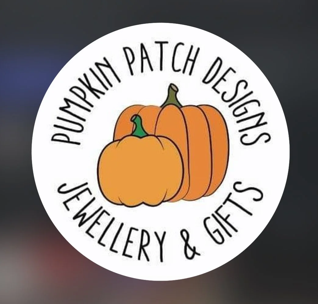 Logo for Pumpkin Patch Designs Jewelry & Gifts featuring two cartoon pumpkins, one large and one small, with the text "Pumpkin Patch Designs Jewelry & Gifts" encircling them.