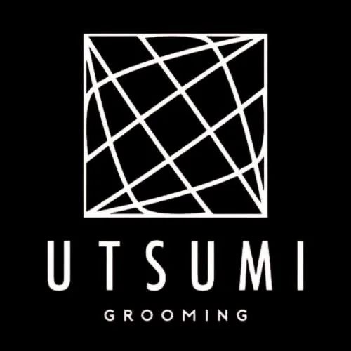Logo for Utsumi Grooming featuring a black background, a white abstract line drawing inside a square, and the text 'UTSUMI GROOMING' underneath.