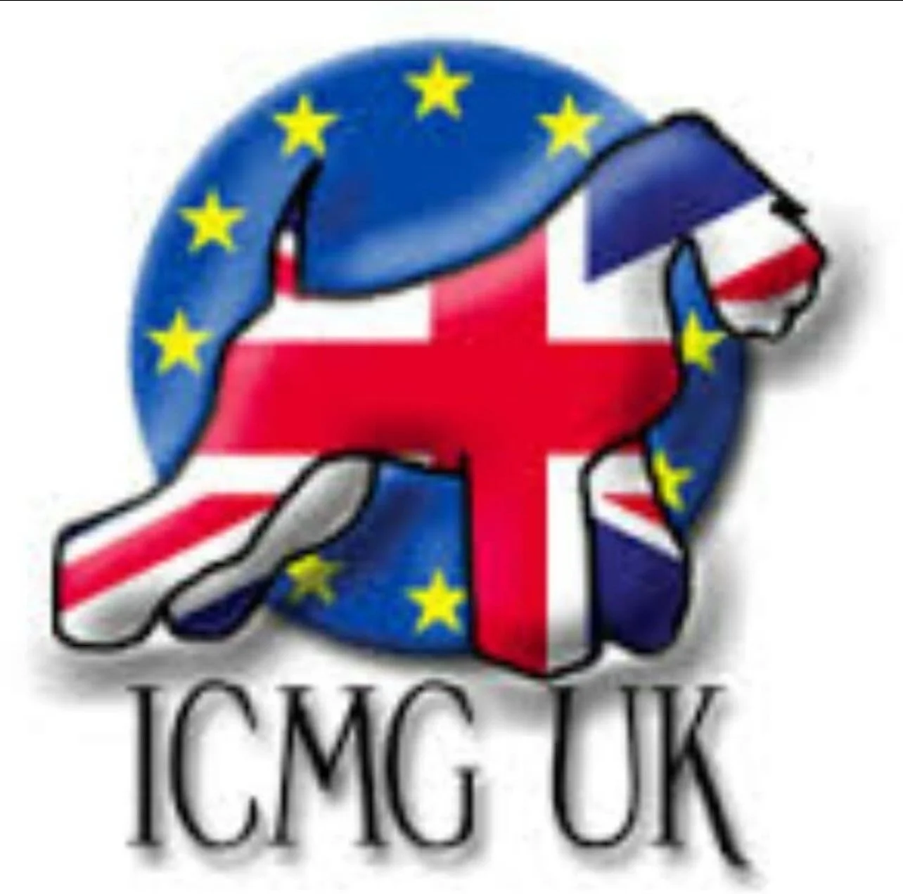 A stylized cartoon dog with a body painted in the UK flag, sitting in front of a background with the EU flag pattern. Text reads 'ICMG UK'.