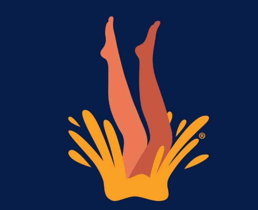 Illustration of two legs with crossed knees emerging from a splash of yellow liquid, against a dark blue background. true start coffee a Bristol brand of coffee