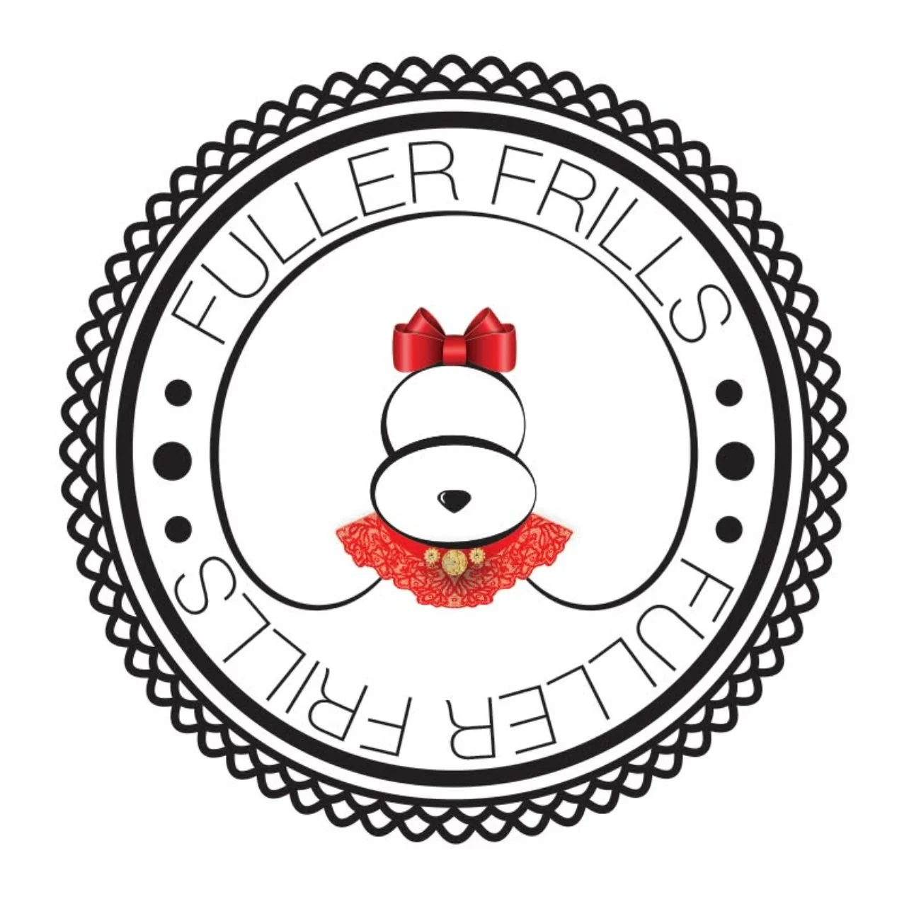 A circular emblem with a black and white decorative border. Inside, there is a stylized dog face with a red bow on its head, a red lace collar with a gold medal, and the words "Fuller Frills" written around the circle.