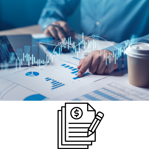 Person analyzing financial graphs and data charts on paper with a coffee cup nearby, overlaid with digital financial charts and graph lines.