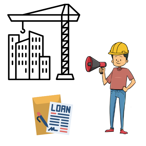 An illustration of a construction site with a crane, a group of buildings, a boy wearing a yellow helmet holding a megaphone, and a loan document with a pen.