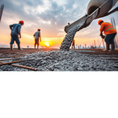 Concrete being poured on a construction site at sunset, with workers standing in the background.