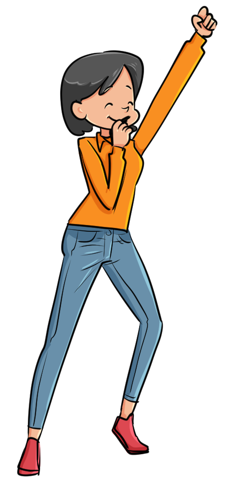 Cartoon of a woman with short black hair, smiling confidently, wearing an orange jacket, blue jeans, red high heels, raising her right fist in the air, and holding her chin with her left hand.