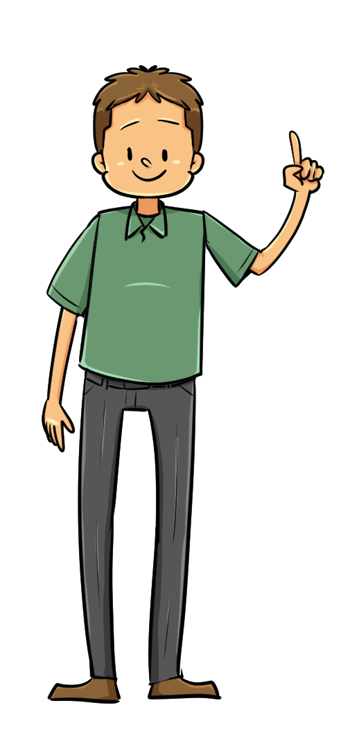 Cartoon boy wearing a green shirt and gray pants, standing next to a blackboard, raising his right index finger as if explaining or presenting.