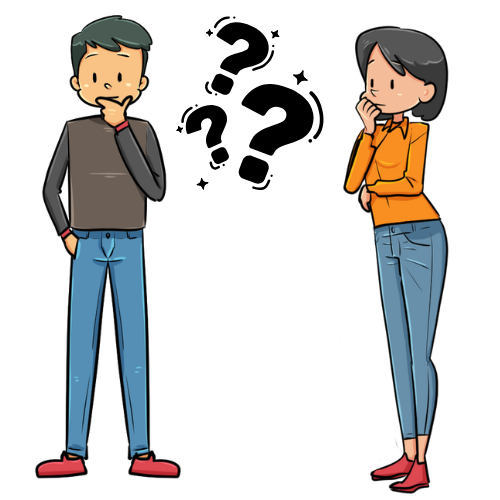 A cartoon of a man and woman standing with question marks between them, appearing confused.