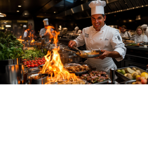 Chef in a white uniform and hat cooking with fire on stove in a busy restaurant kitchen.