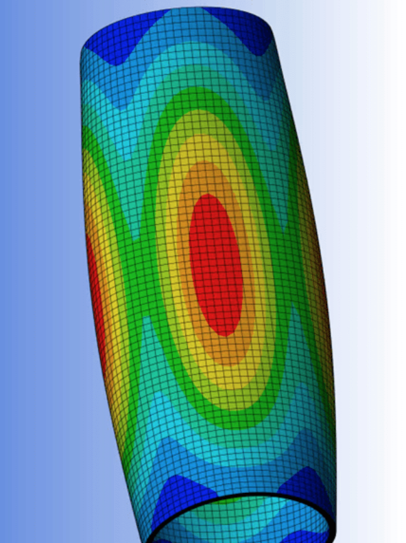 A colorful finite element mesh plot showing stress distribution on a cylindrical object, with red indicating high stress and blue indicating low stress.