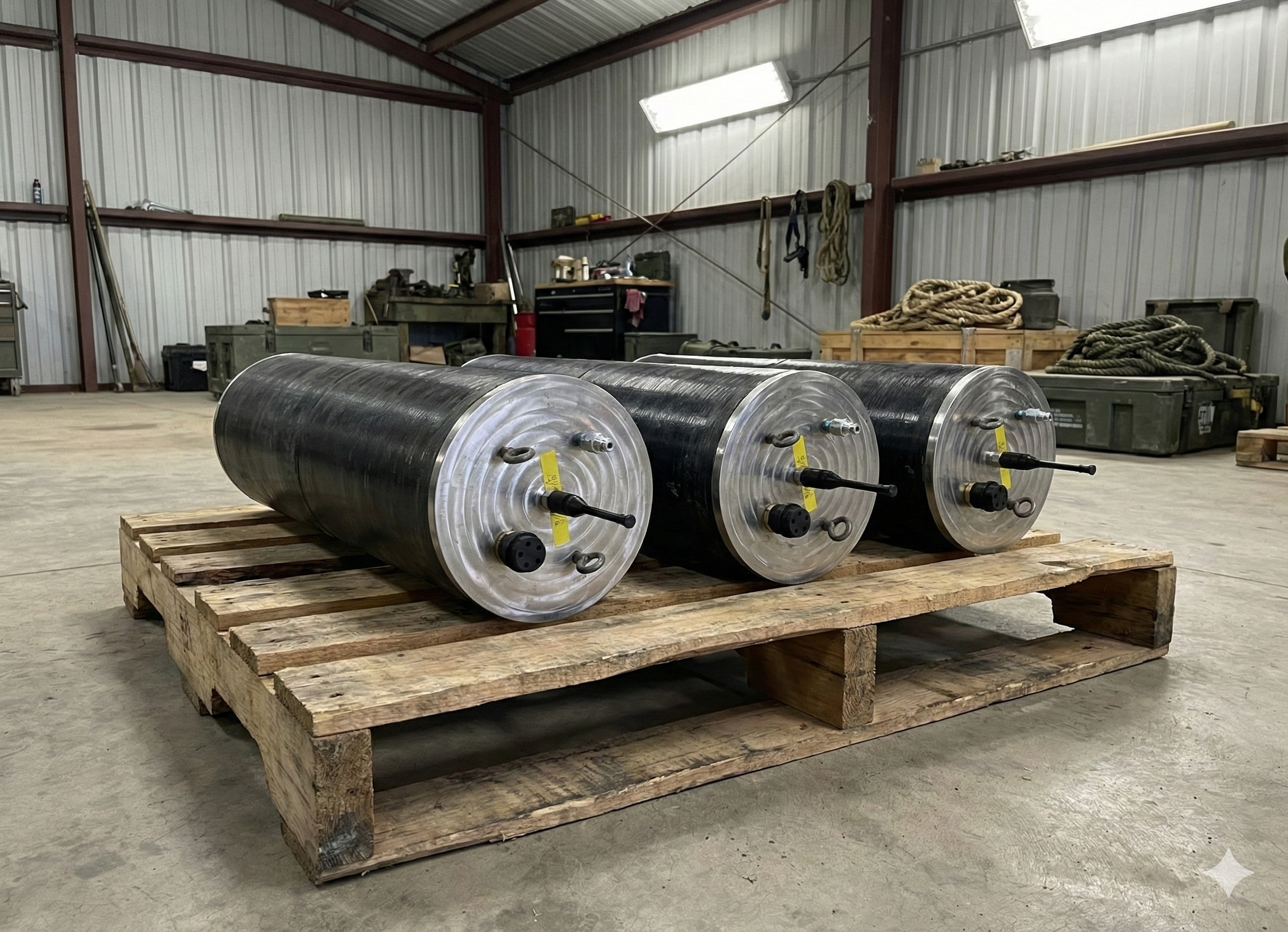 Three large cylindrical metal tanks with black exteriors and metallic end caps are placed on a wooden pallet inside a warehouse. The tanks have various fittings and valves attached to their ends.