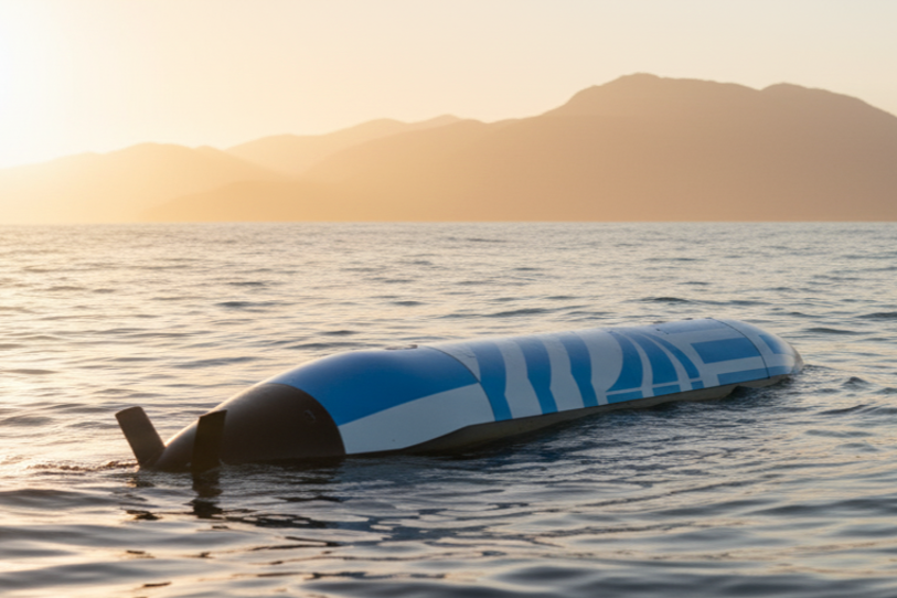 A flipped blue and white lifeboat in the water at sunset with mountains in the background.