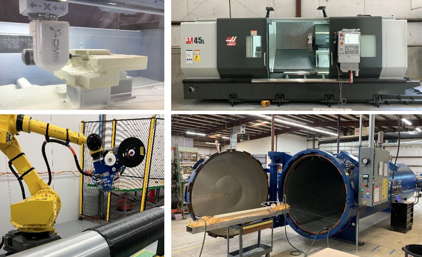 A collage of industrial manufacturing equipment, including a CNC machine, a large machining center, a robotic arm, and an autoclave.
