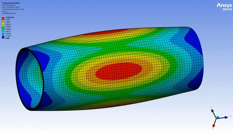 Finite element analysis model of a cylindrical pipe showing stress distribution with a color gradient from blue to red, indicating areas of low to high stress.
