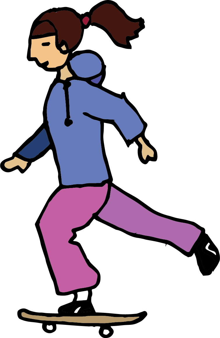 Illustration of a girl skateboarding, wearing a blue hoodie, purple pants, and a red hair tie.