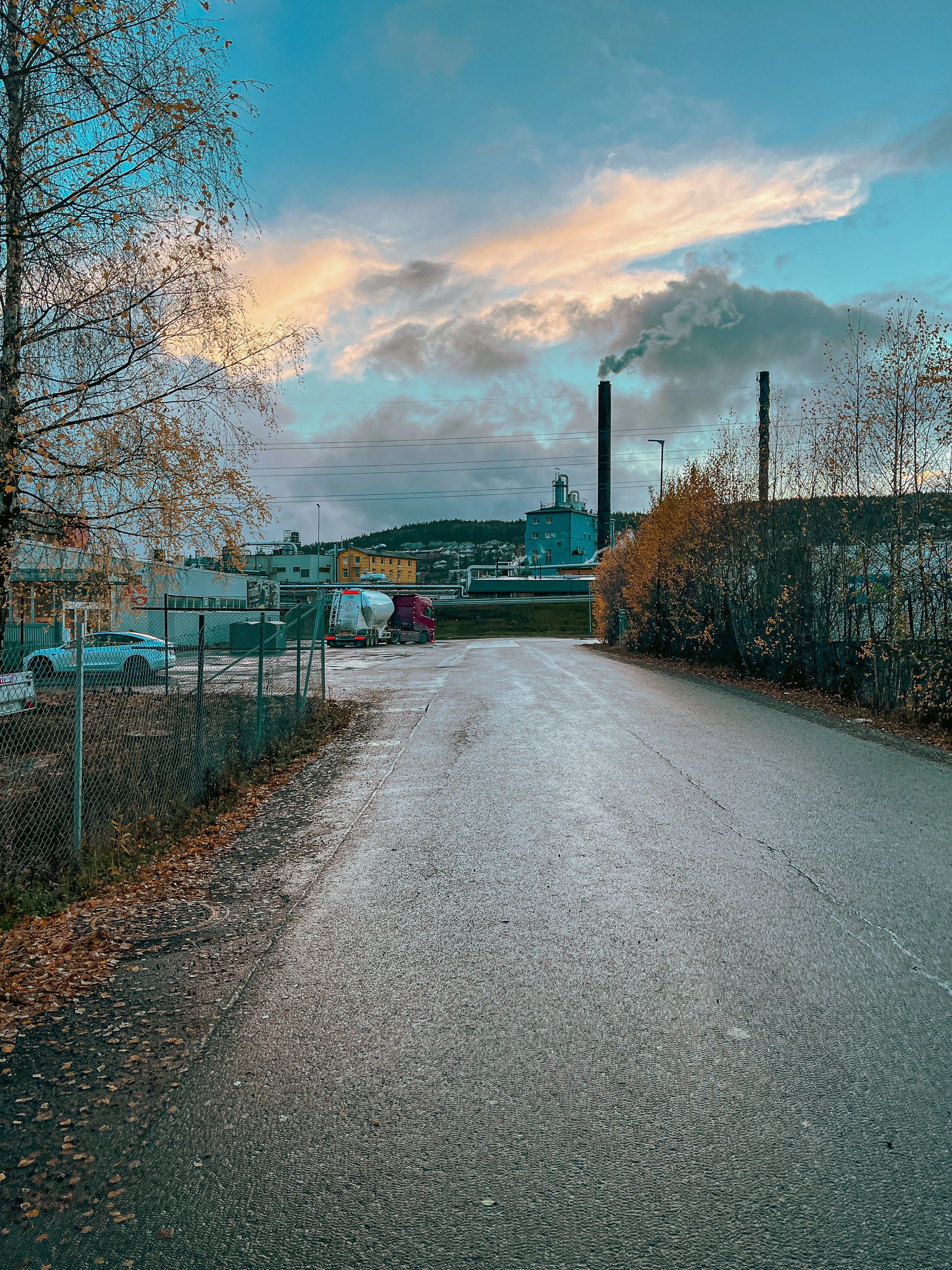 A street scene with parked cars on the left, a fence, leafless trees, industrial buildings in the background, and a cloudy sky with the sun setting.