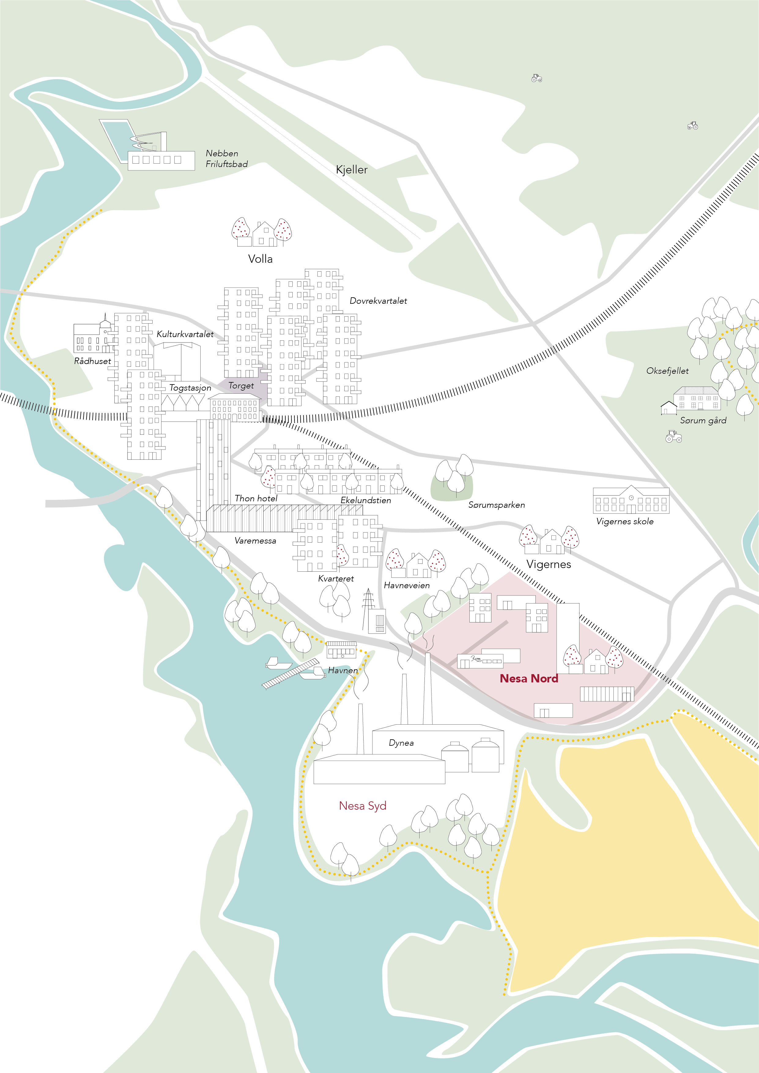 Map of an area with buildings, roads, water bodies, and labeled sections including Nord and South Nesa, a harbor, park, and various neighborhoods.