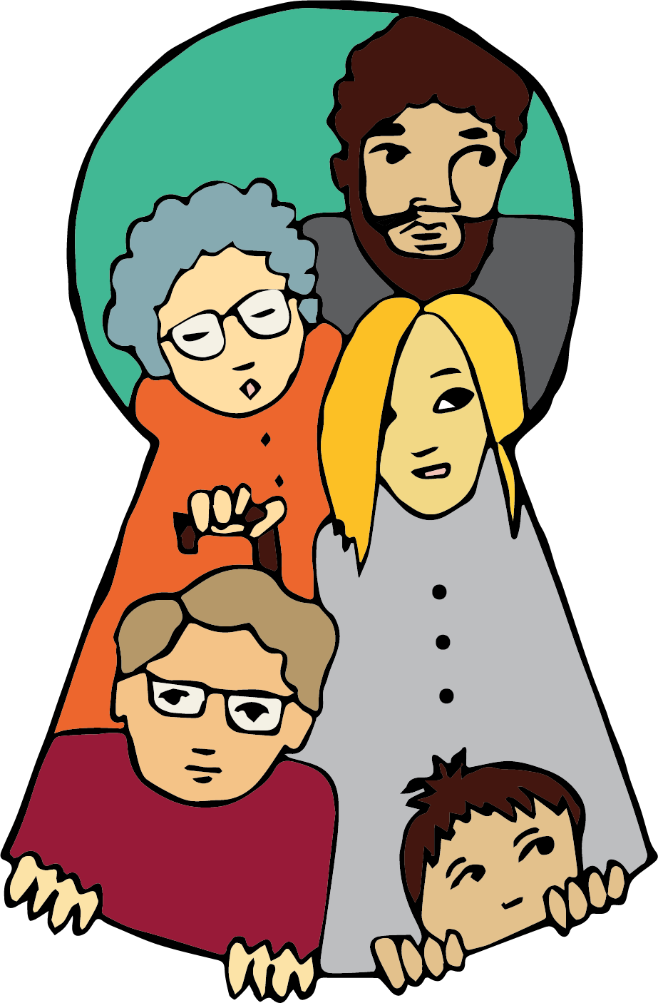 A colorful cartoon illustration of six diverse people, including children and adults, posing closely together against a teal background.