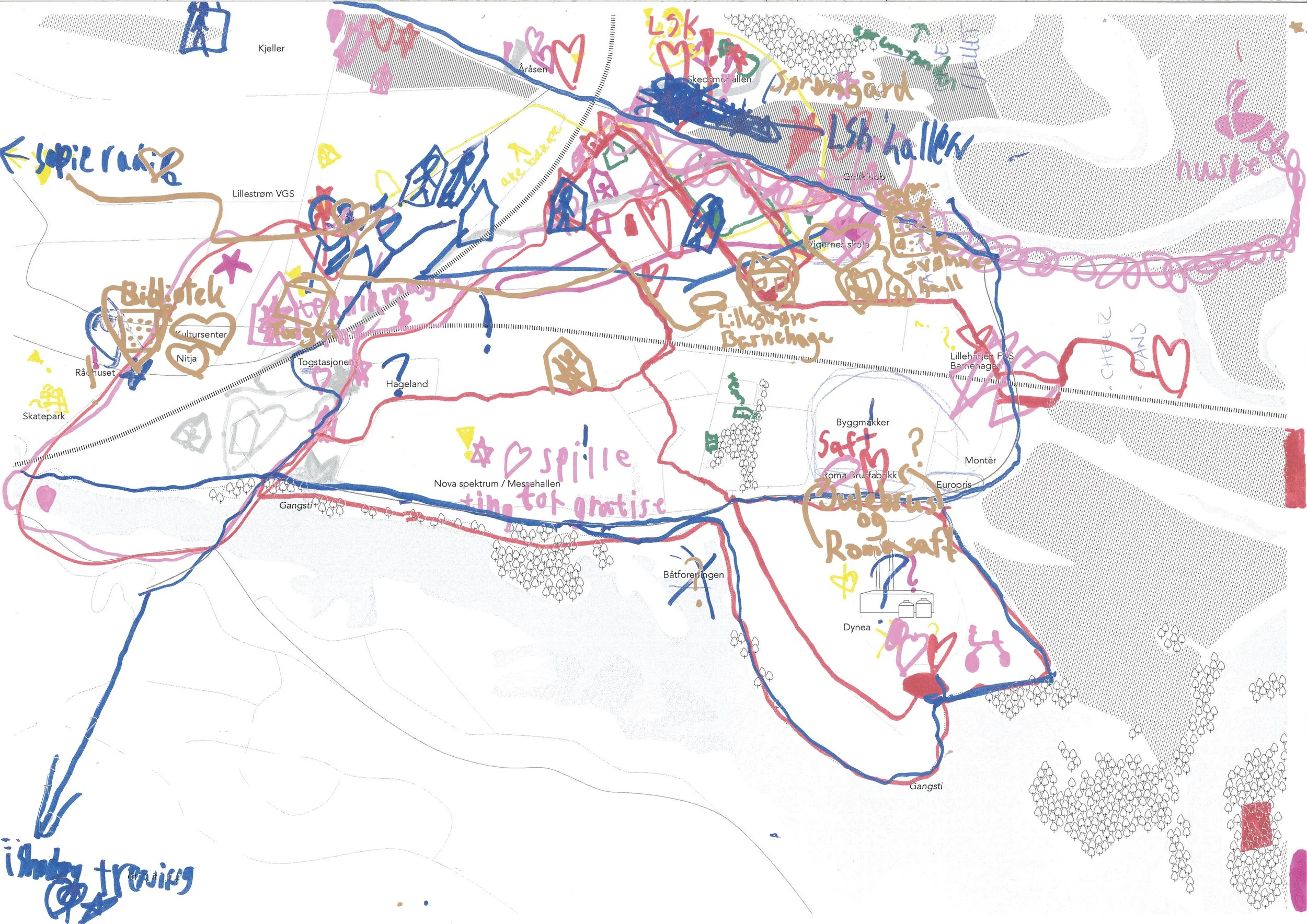 Colorful hand-drawn map with various annotations, symbols, and text in different colors including pink, blue, brown, yellow, and green. It features drawings of hearts, question marks, houses, trees, and lines representing paths or routes, along with some labeled locations and notes in Norwegian.