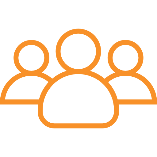 Icon of a group of four people outlined in orange on a black background.