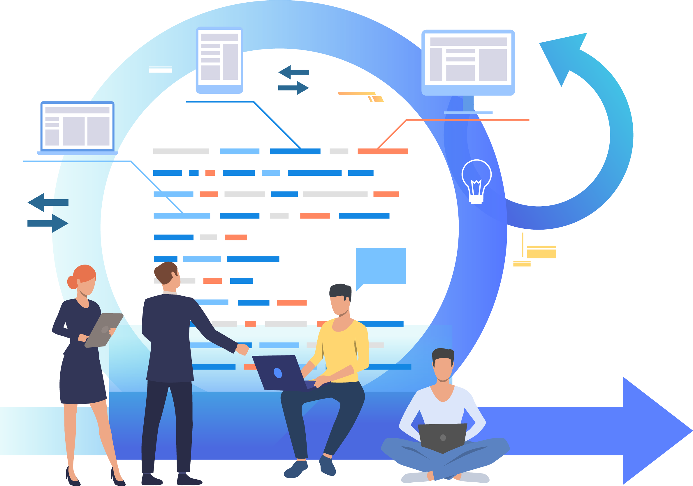 Illustration of four diverse people working with laptops and tablets