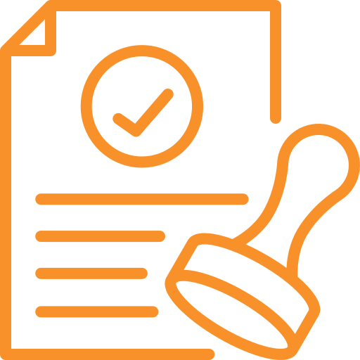 Icon of a document with a checkmark and a rubber stamp.